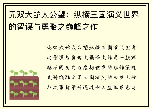 无双大蛇太公望：纵横三国演义世界的智谋与勇略之巅峰之作