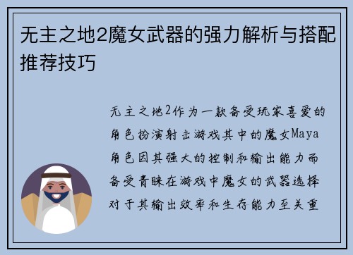 无主之地2魔女武器的强力解析与搭配推荐技巧